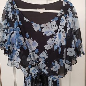 Floral blouse -  Flowy sleeves & pleated bottom with satin ribbon belt.